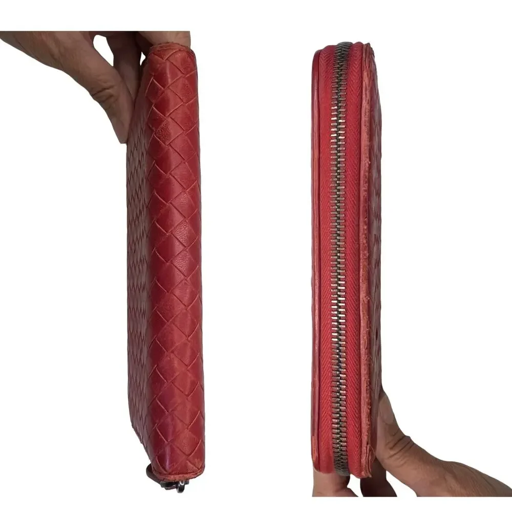 Bottega Veneta Intrecciato Red Leather Zip Around Continental Wallet
